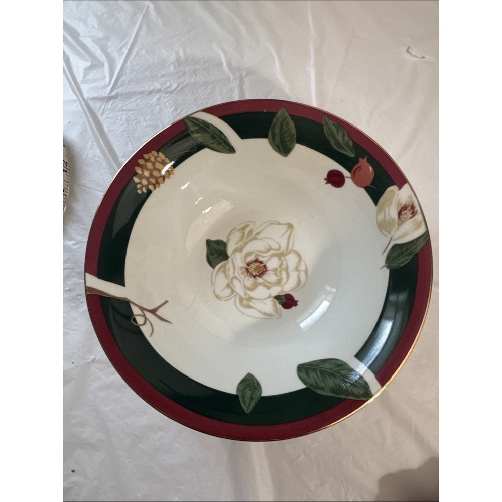 Tienshan Magnolia Round Serving Bowl Floral Pink Green Rim Fine China 9" NEW